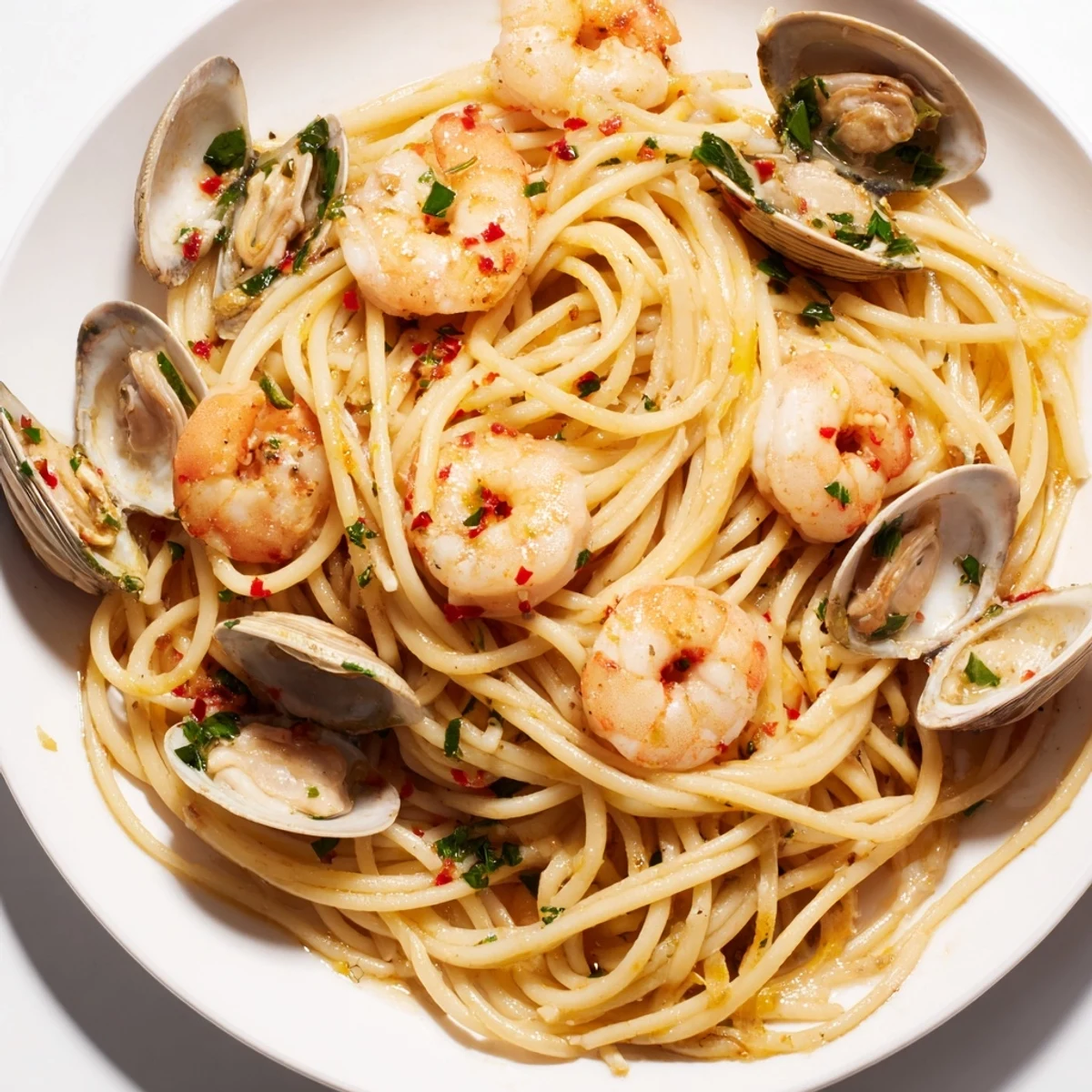 Seafood Pasta Aglio e Olio with plump shrimp and clams glistening in olive oil, ready to serve.