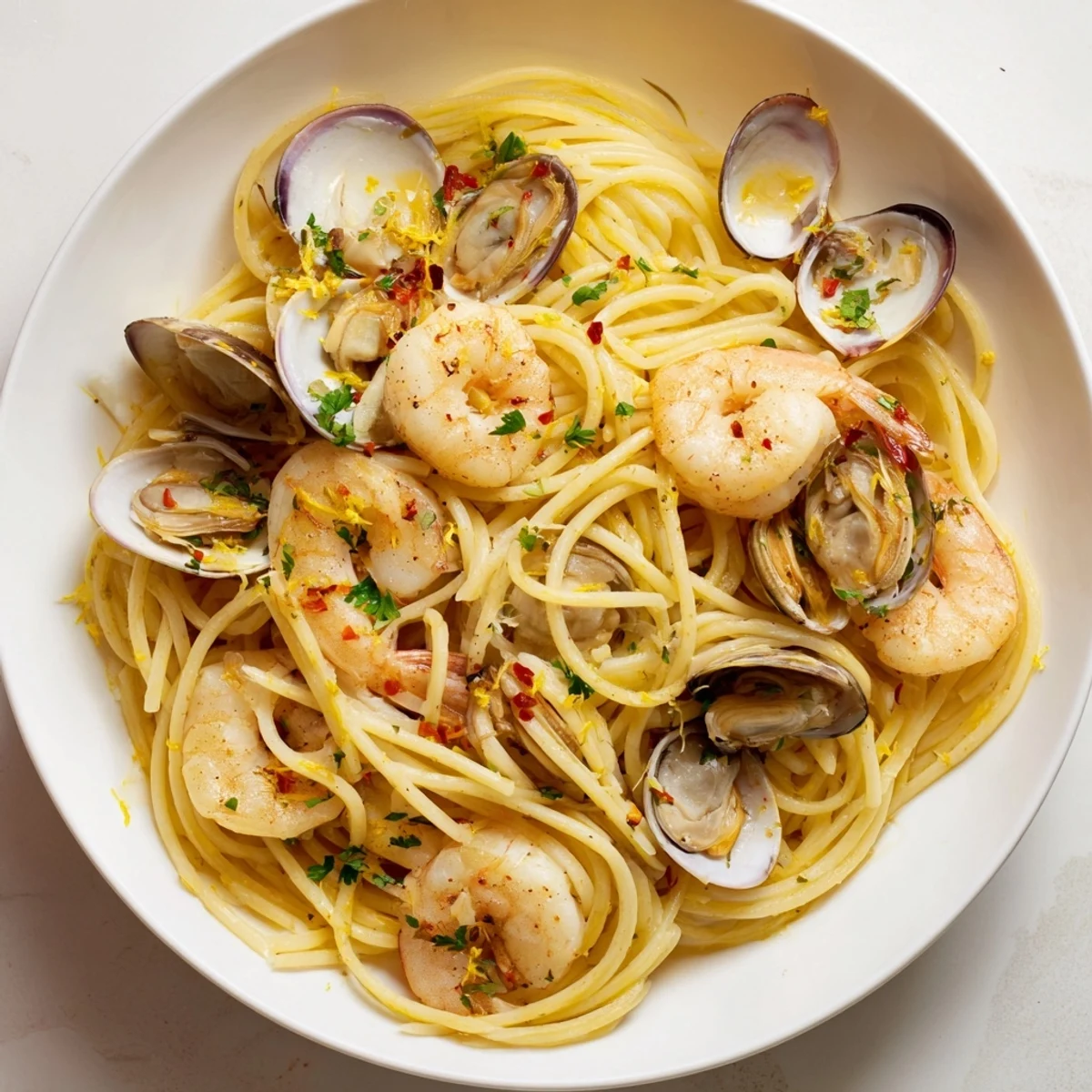 Freshly made Seafood Pasta Aglio e Olio: a close-up showcasing the garlic, shrimp, and clam flavors.