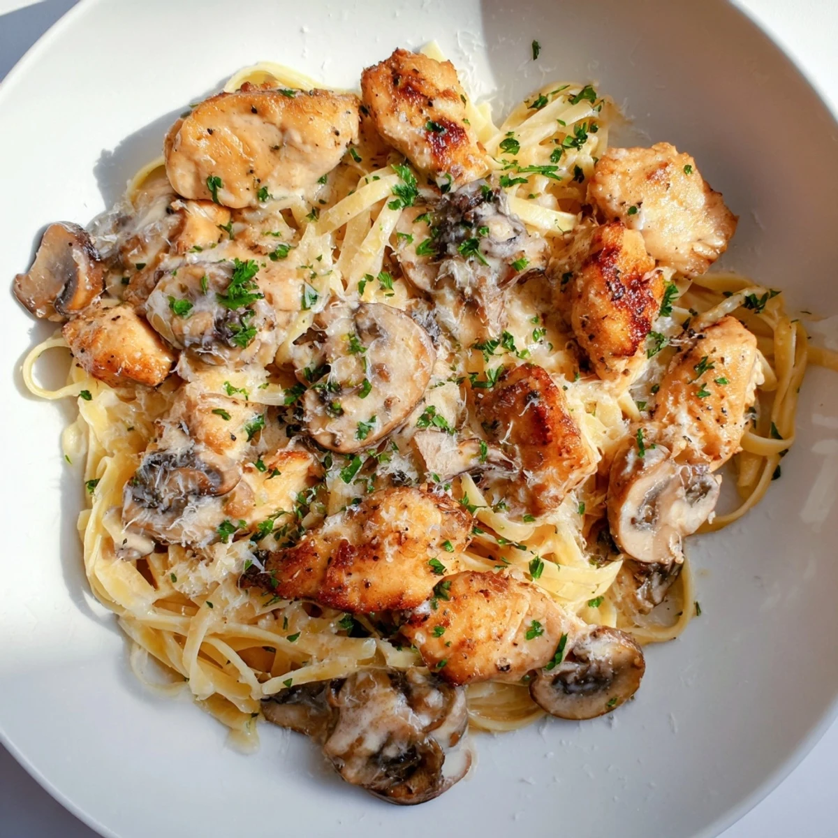 Golden, seared chicken and creamy mushroom chicken pasta, a comforting Italian-American classic meal.