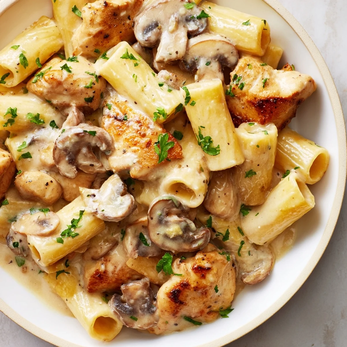 A close-up of creamy mushroom chicken pasta; rich sauce coats every strand of fettuccine generously.