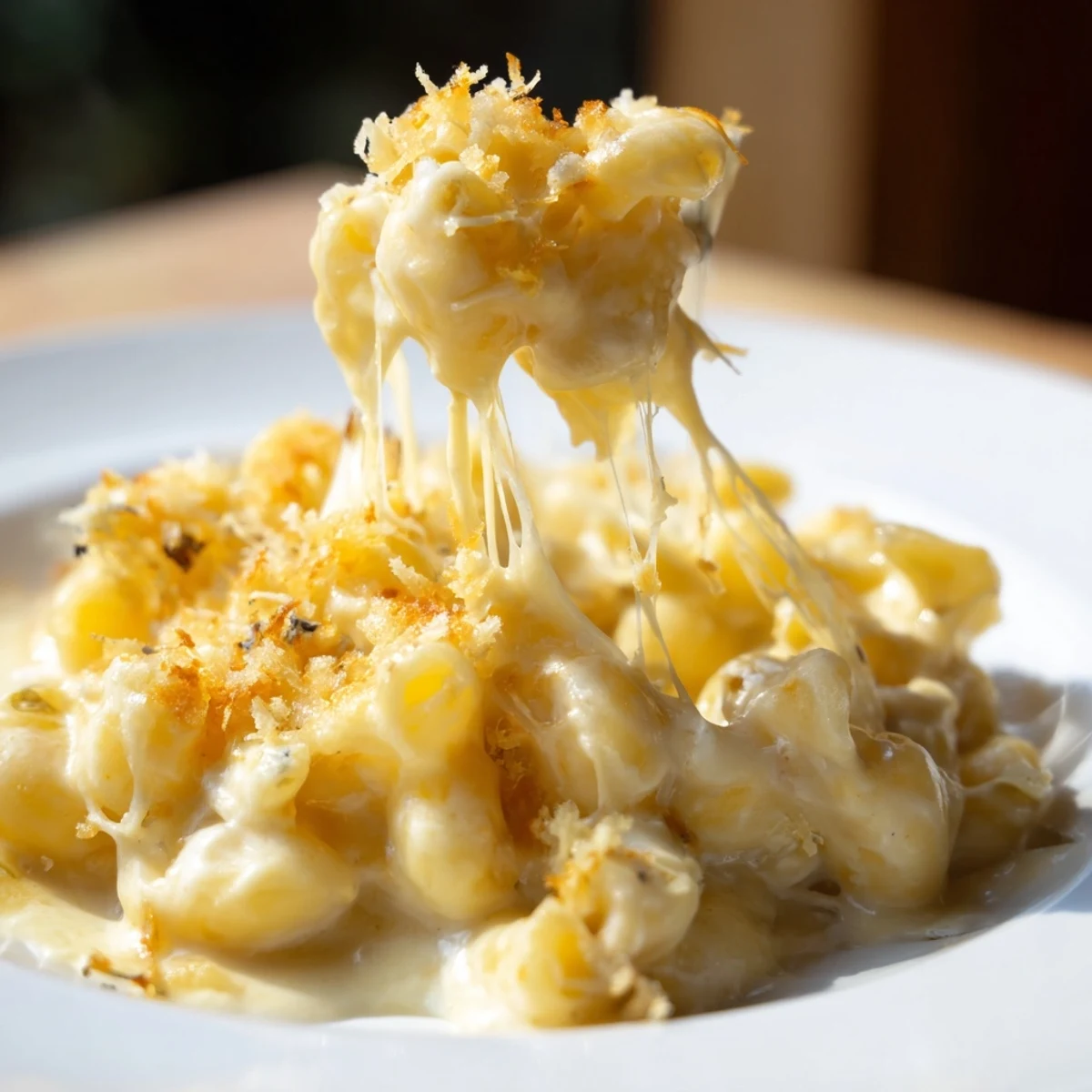 Golden-brown baked mac and cheese, bubbly from the oven, offering a cheesy, comforting aroma.