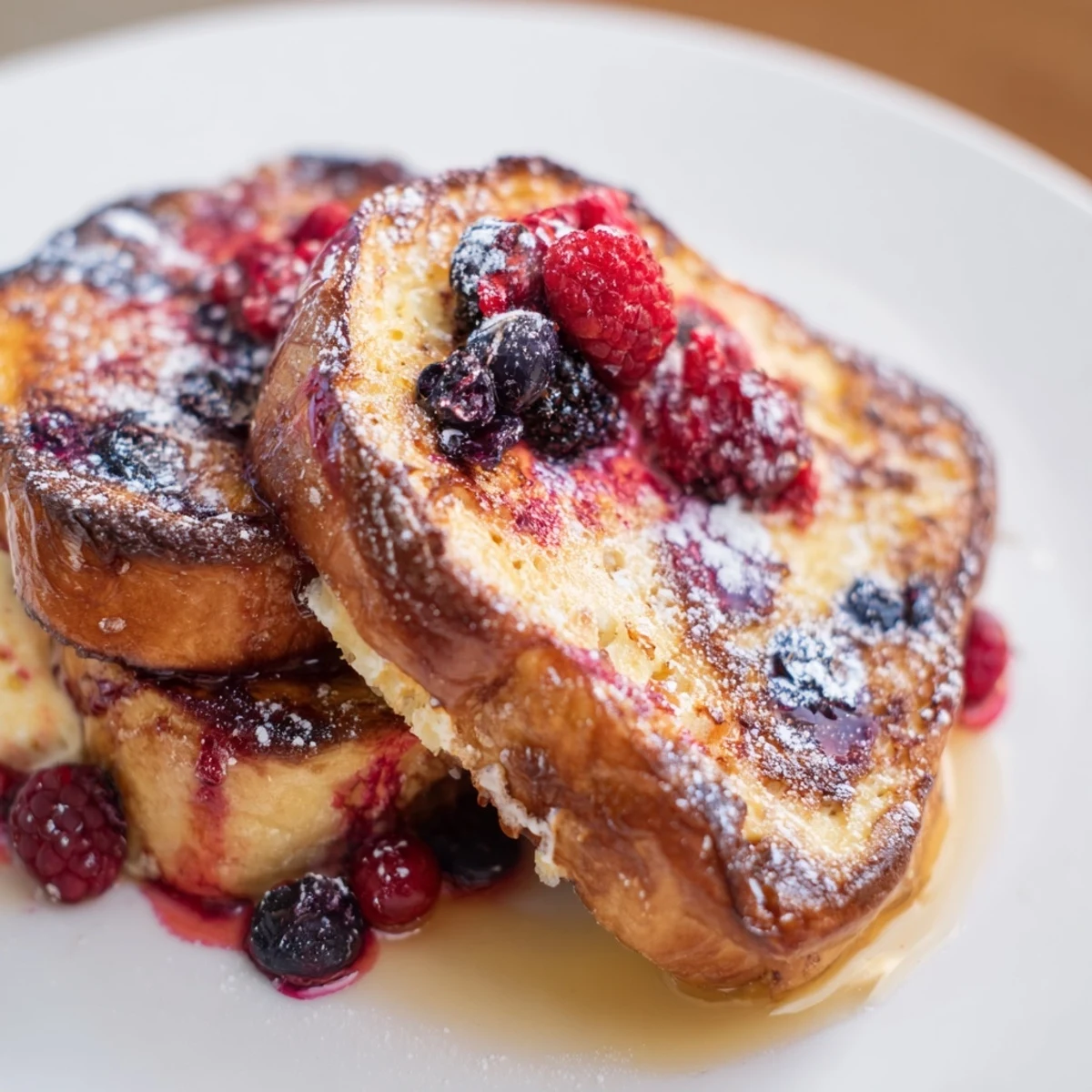 Golden-brown Ice Cream French Toast, a decadent breakfast with caramelized edges, drizzled with syrup.