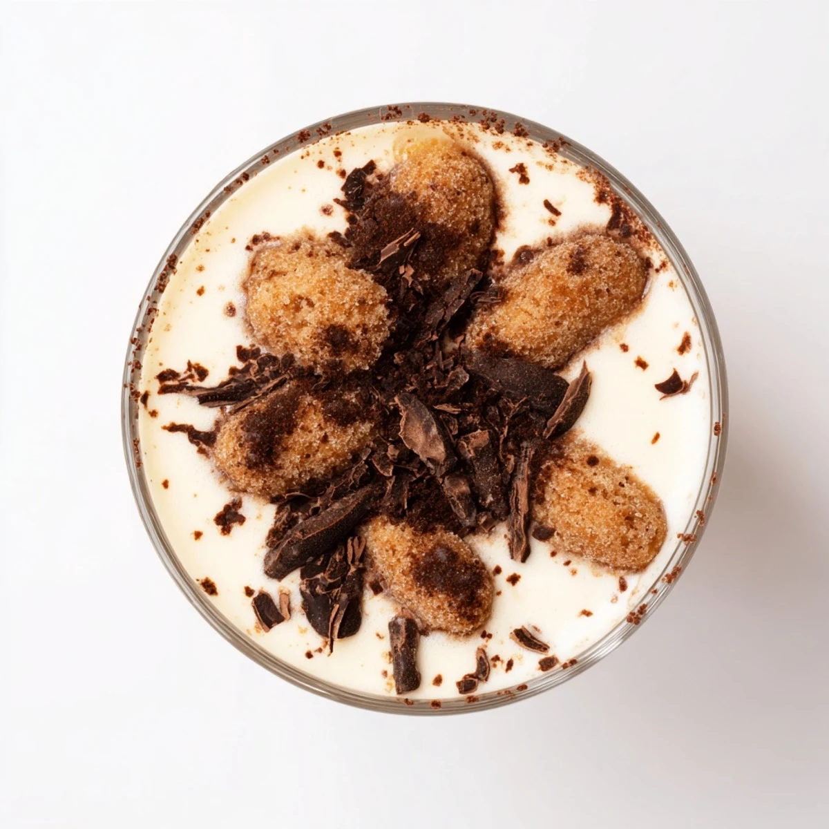 Enjoy an elegant view of Tiramisu Latte, showcasing layers of biscuit, cream, and cocoa in a glass.