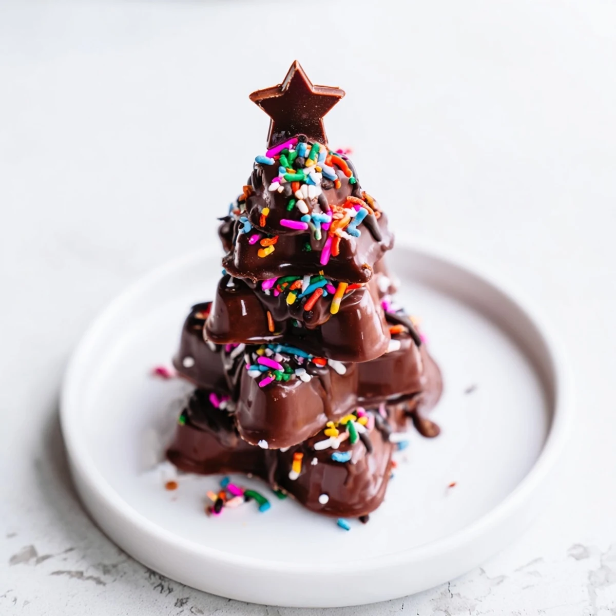 Close-up of freshly made Chocolate Kinder Christmas Trees, sprinkled with colorful festive decorations, perfect dessert.