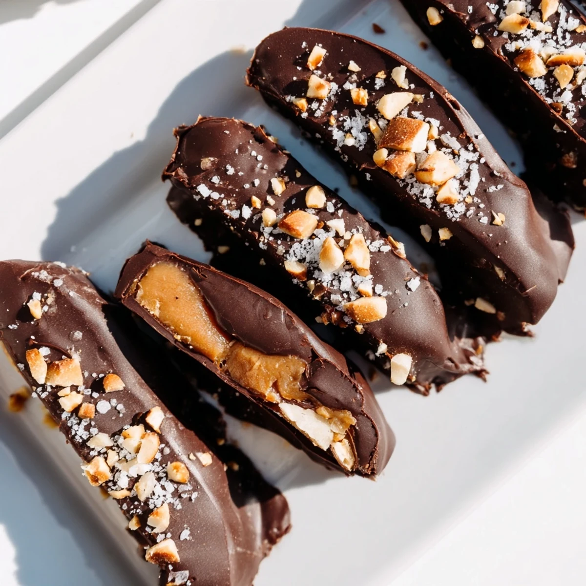 A close-up shot of decadent Date Bark Snickers-Style shows a sprinkle of crunchy peanuts.