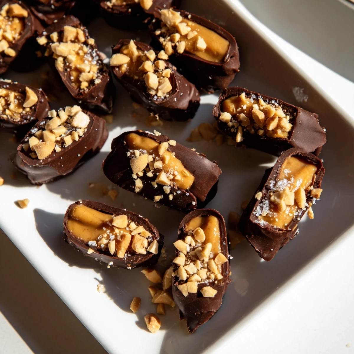 Homemade Date Bark Snickers-Style is ready to cut, featuring a rich, frozen chocolate coating.