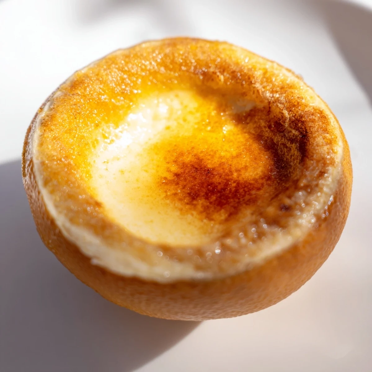 Creamy lemon brûlée posset with a crackle top, served in halved lemon shells visually.