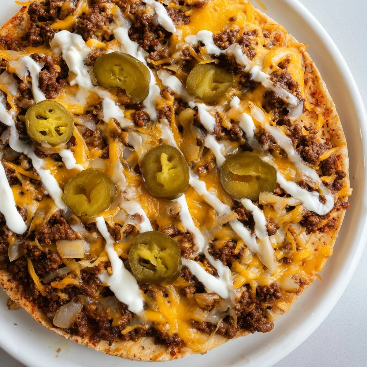 Ground Beef Taco Pizza loaded with savory seasoned beef, melted cheese, and fresh toppings.