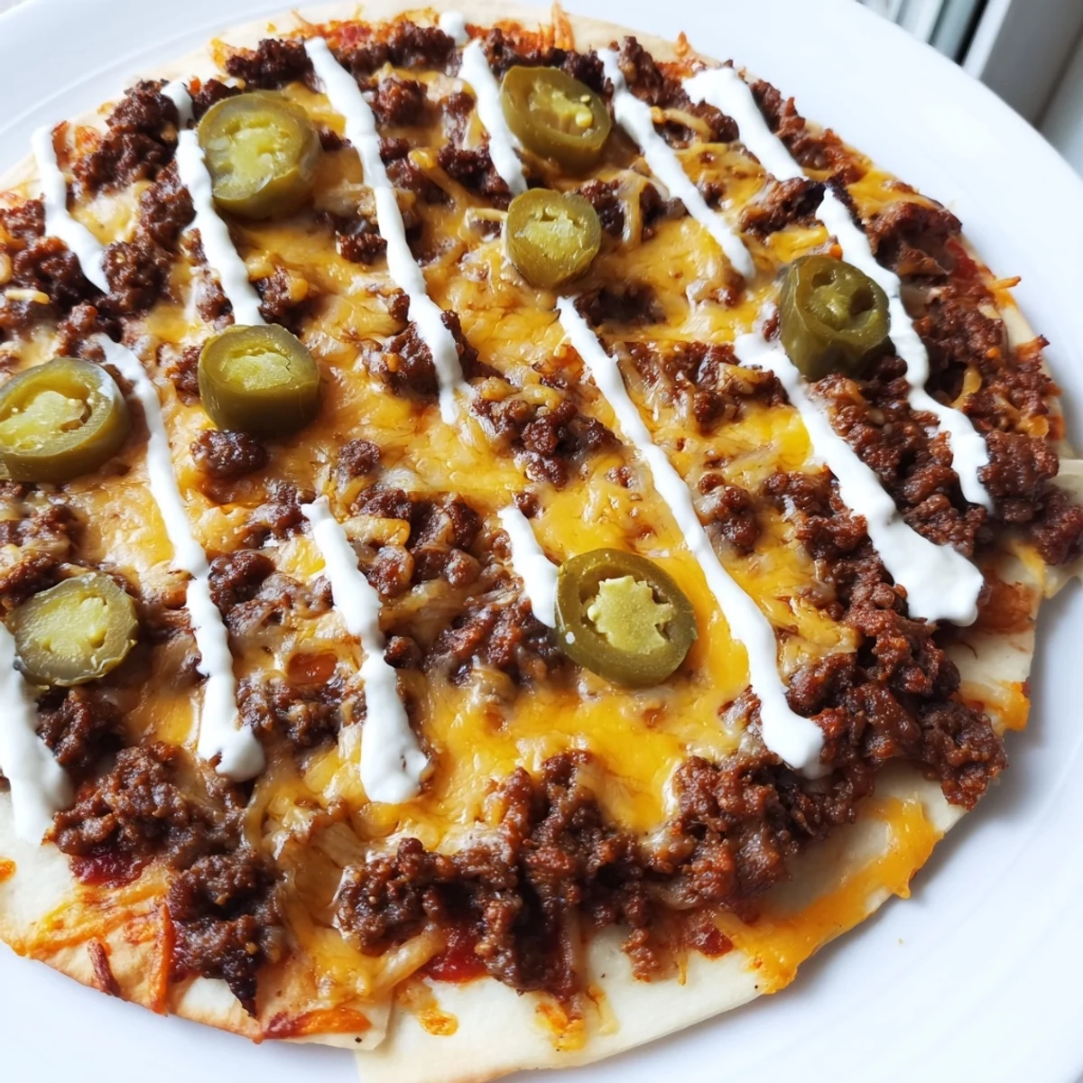 Golden-crusted Ground Beef Taco Pizza, showcasing its flavorful beef and melted cheese, perfect for dinner.
