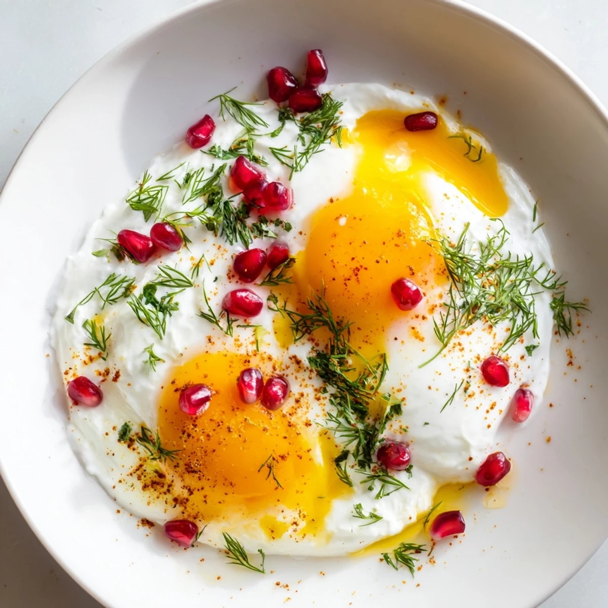 Vibrant Çılbır with runny poached eggs, sumac butter, and a scattering of fresh pomegranate.