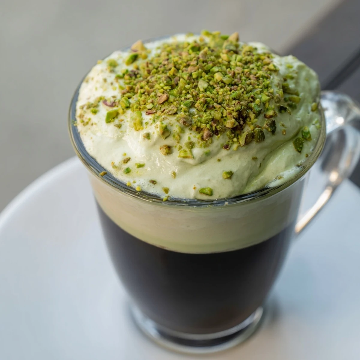 Steaming pistachio milk layered over espresso, topped with airy cold foam in this Pistachio Latte.