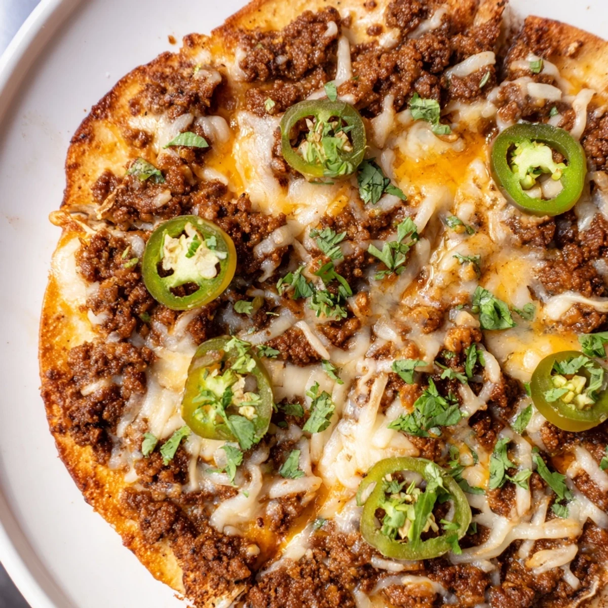 Fiery, melty Spicy Ground Beef Pizza, finished with sweet hot honey, ready to eat.