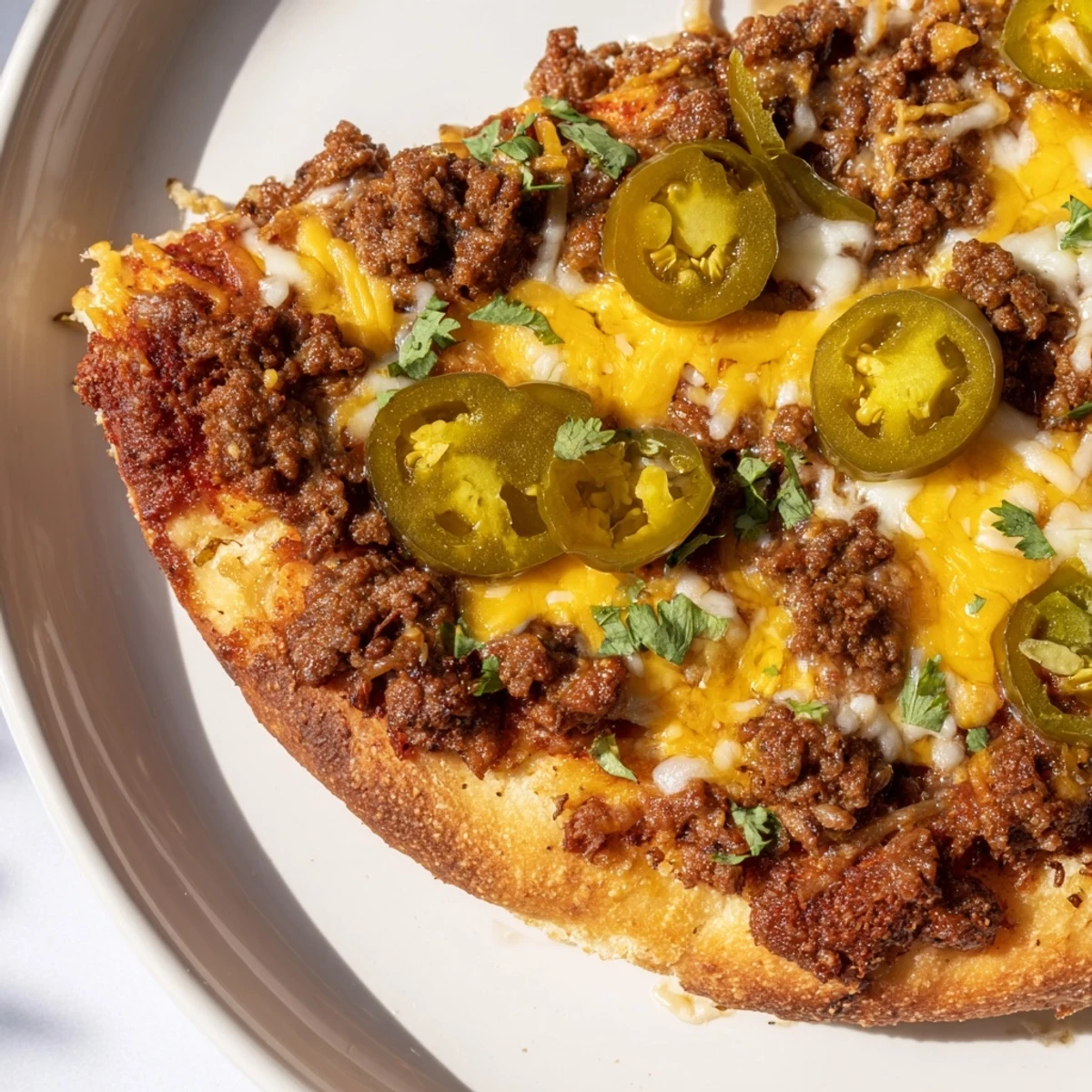 Close-up of a bubbling Spicy Ground Beef Pizza, showcasing the delicious toppings and golden crust.