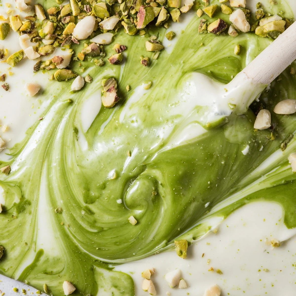 Homemade pistachio matcha white chocolate with bright green matcha swirls and sprinkled pistachios, delicious.