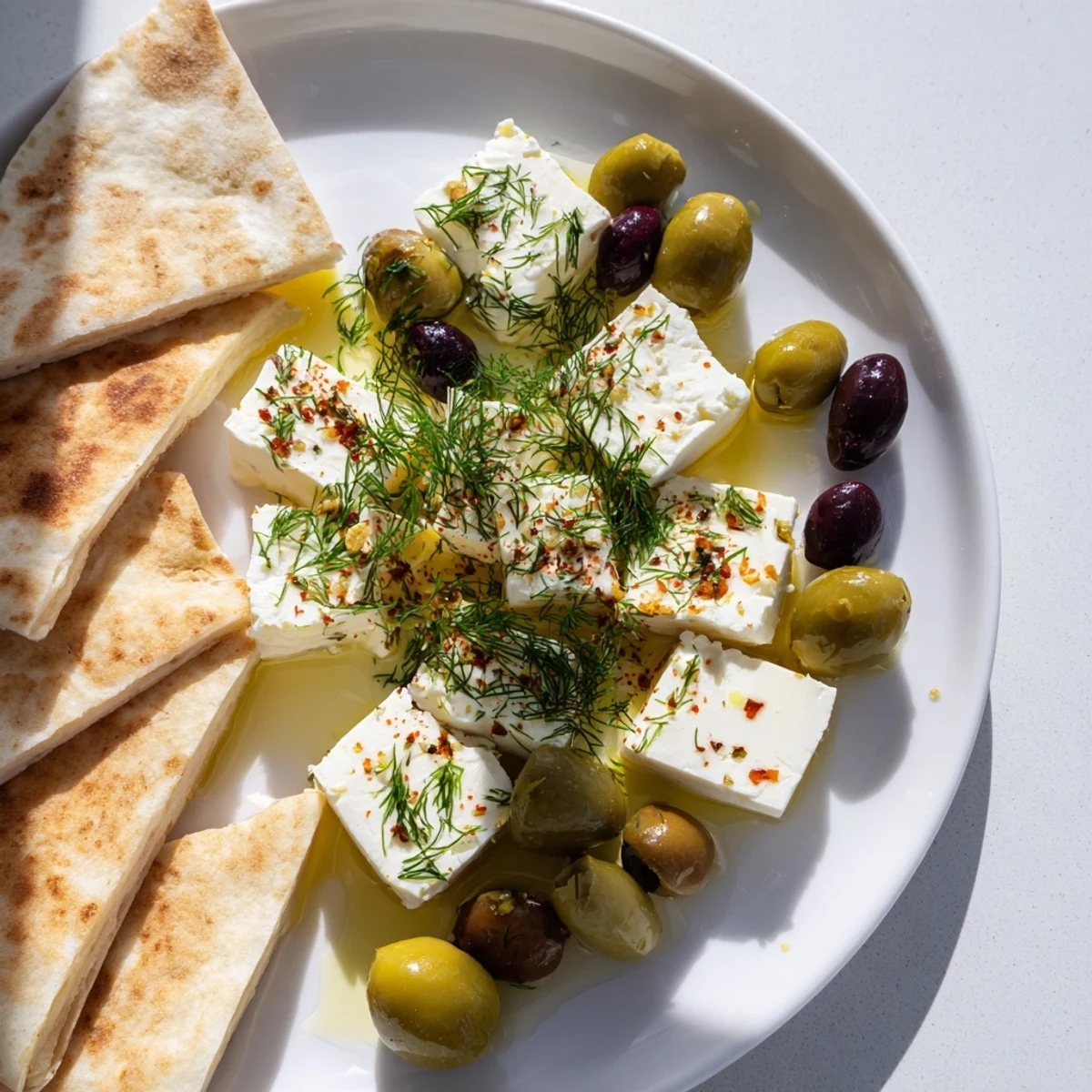 A colorful Turkish Olives & Cheese Board, showcasing brined olives, cheeses, and warm pita.