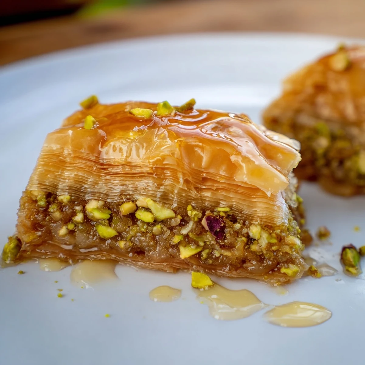 A close-up shot of homemade Turkish Hazelnut & Pistachio Baklava, showcasing the layers of nuts and pastry.