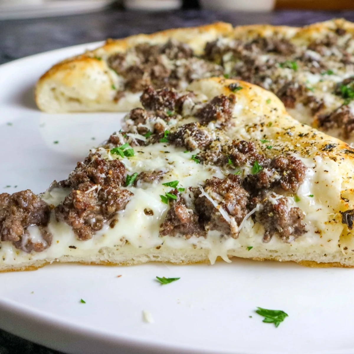Melted mozzarella sparkles atop a Ground Beef Alfredo Pizza, ready to be sliced and devoured.