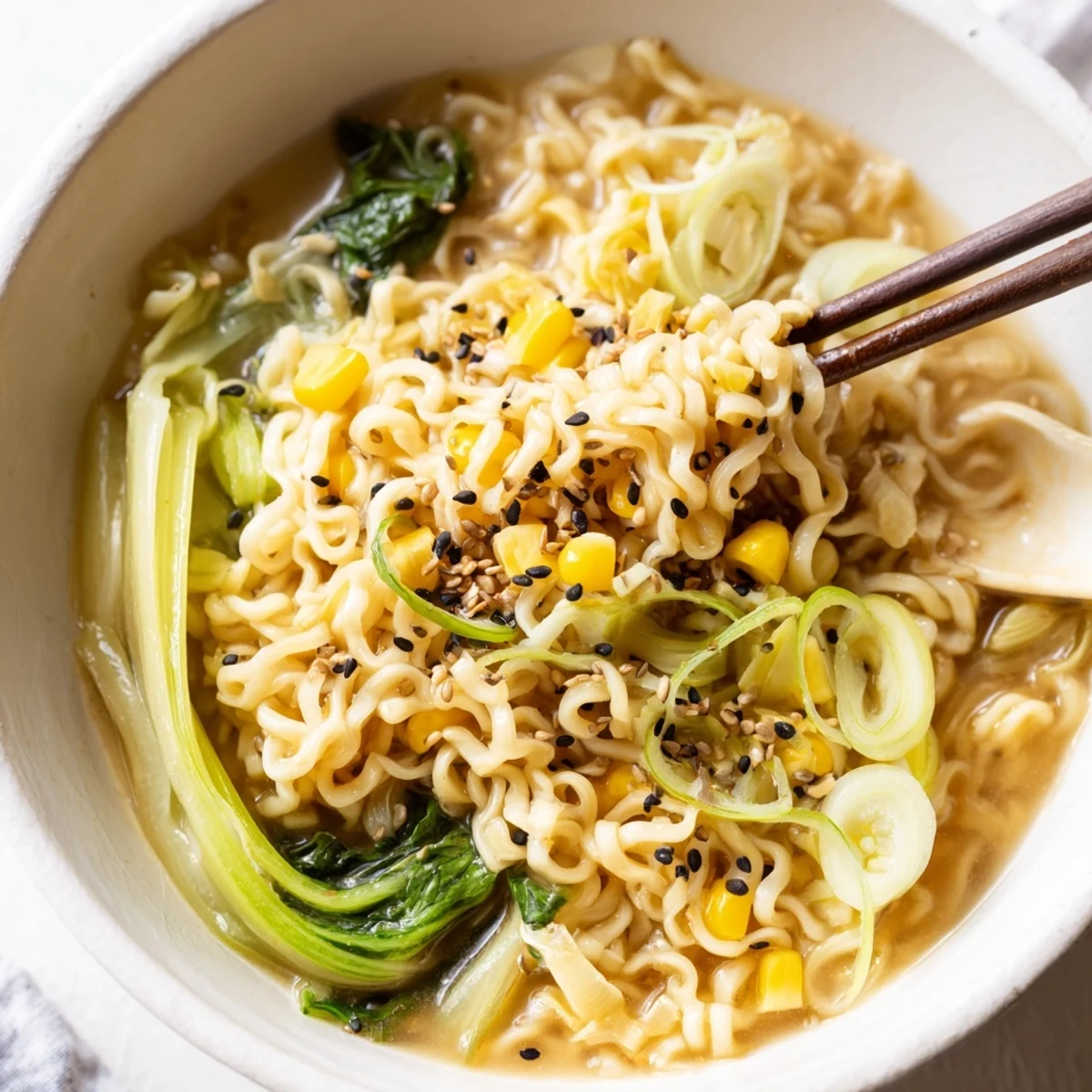 Close-up view of a bowl of Elevated Ramen Egg Drop Soup with fluffy egg ribbons, corn, and spinach.