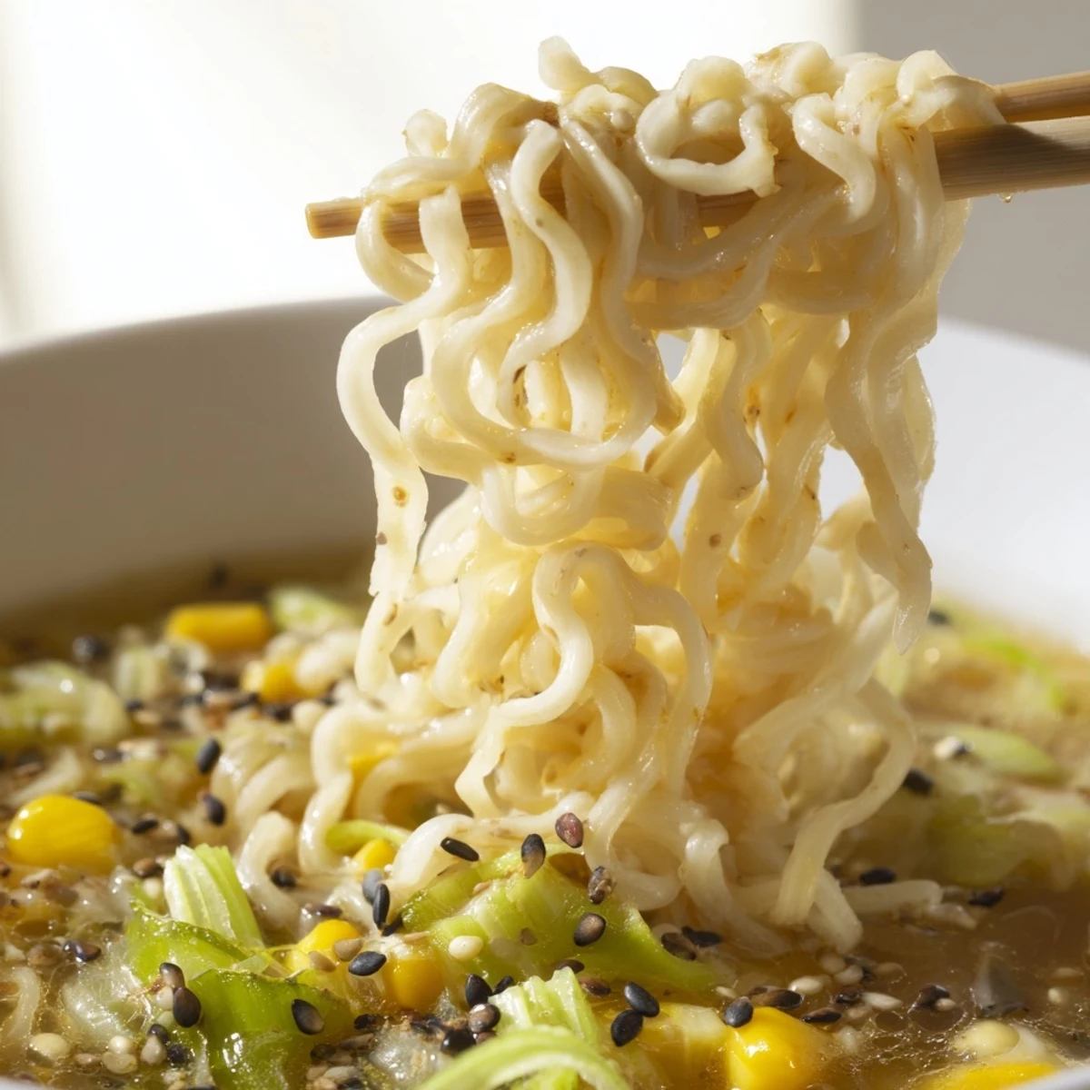 A close-up of Elevated Ramen Egg Drop Soup garnished with sliced scallions and sesame seeds, ready to be enjoyed.