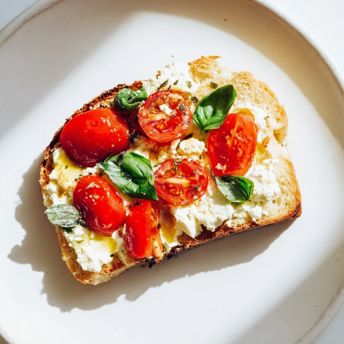 A close-up of baked feta toast on a rustic wooden board, showing golden sourdough topped with creamy feta, roasted cherry tomatoes, and fresh basil leaves.