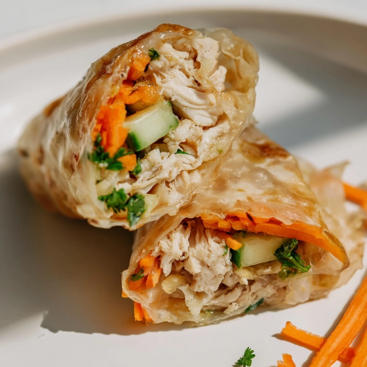 Golden, pan-fried rice paper wraps filled with garlicky pulled chicken, fresh lettuce, and julienned vegetables served with lemon.