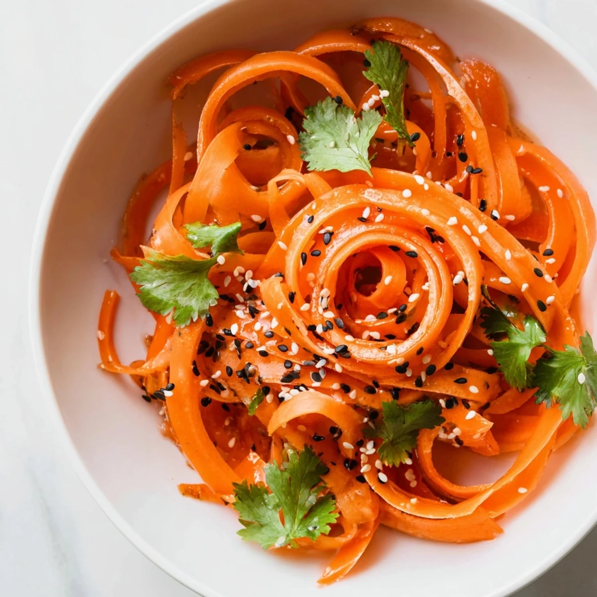 A vibrant bowl of Carrot Ribbon Salad Asian-Style with fresh cilantro and sesame seeds.