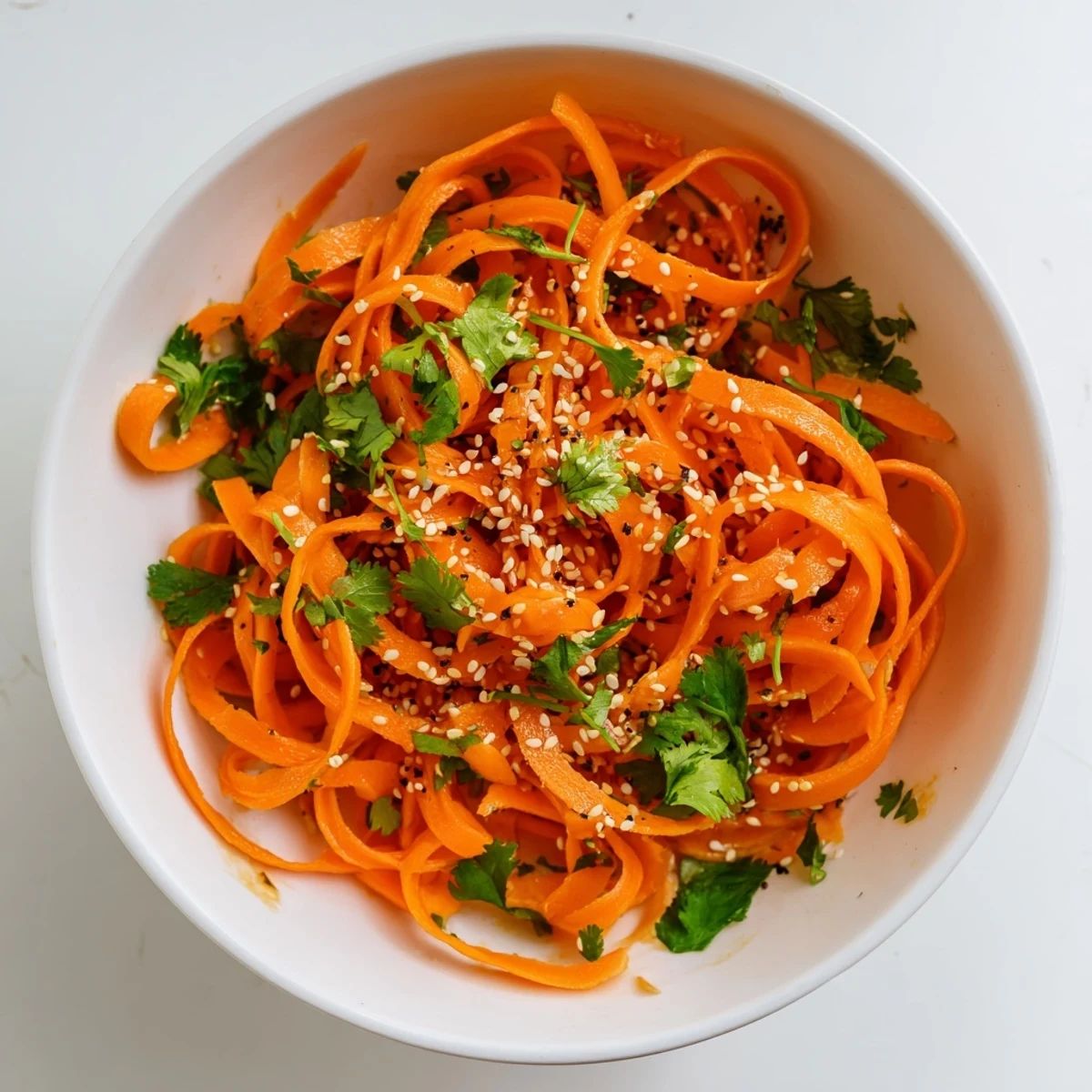 Tossed carrots in savory soy-sesame dressing create a refreshing, crunchy side dish for any meal.