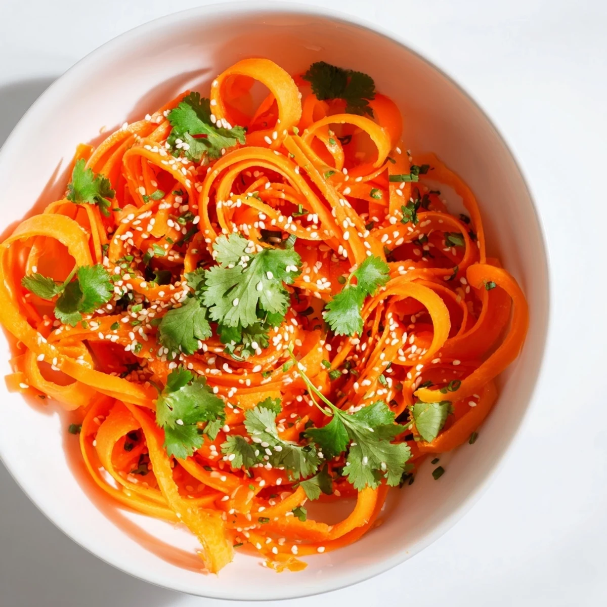 Close-up of Carrot Ribbon Salad Asian-Style with fresh ginger, garlic, and optional chili slices.