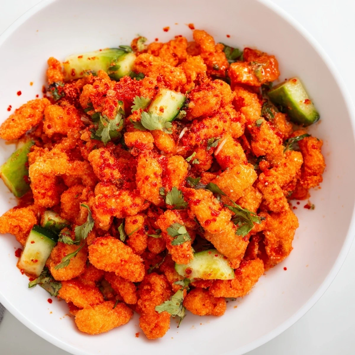 Crushed Flamin Hot Cheeto Salad with diced cucumber and fresh cilantro tossed in a zesty lime-hot sauce dressing.