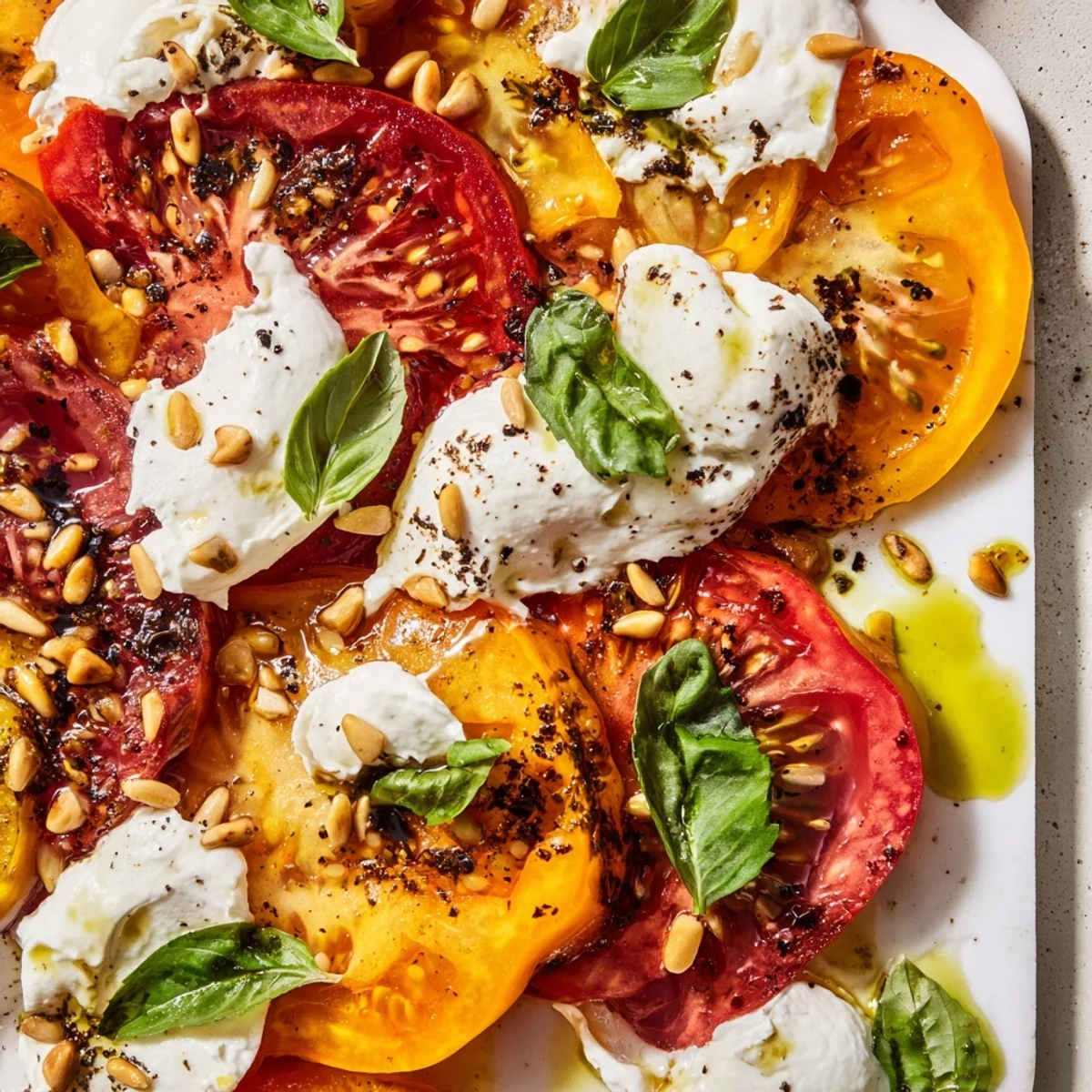 Vibrant Heirloom Tomato Salad Board with creamy burrata and fragrant basil oil, arranged for sharing.
