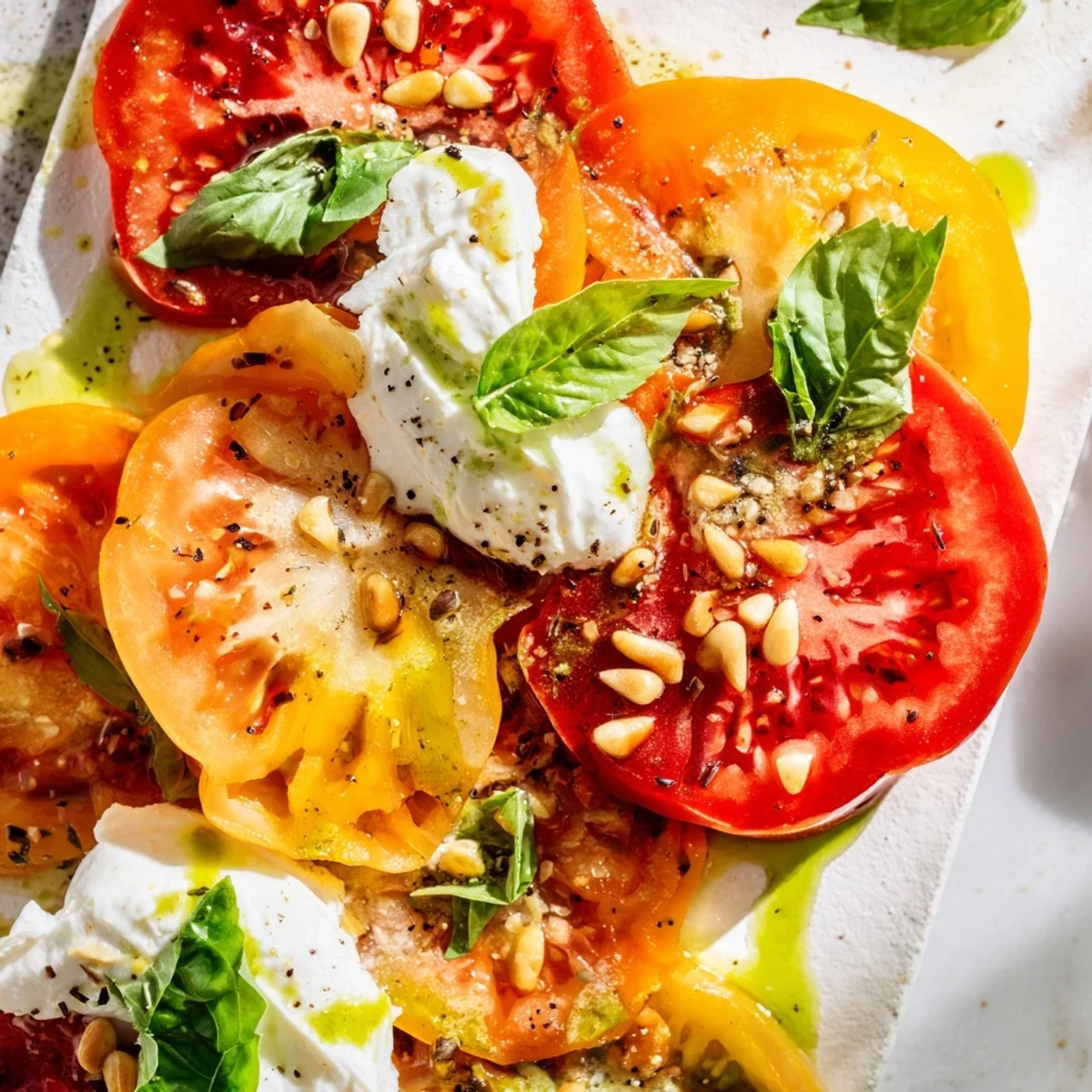 Colorful heirloom tomato salad with burrata, basil oil, and toasted pine nuts, served with crusty bread.