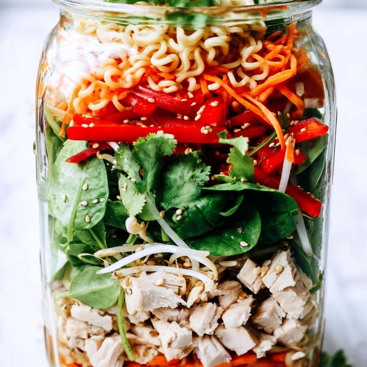 Mason jar noodle meal prep shows layered ramen, crisp carrots, and fresh spinach in a clear glass jar with sauce at the bottom.