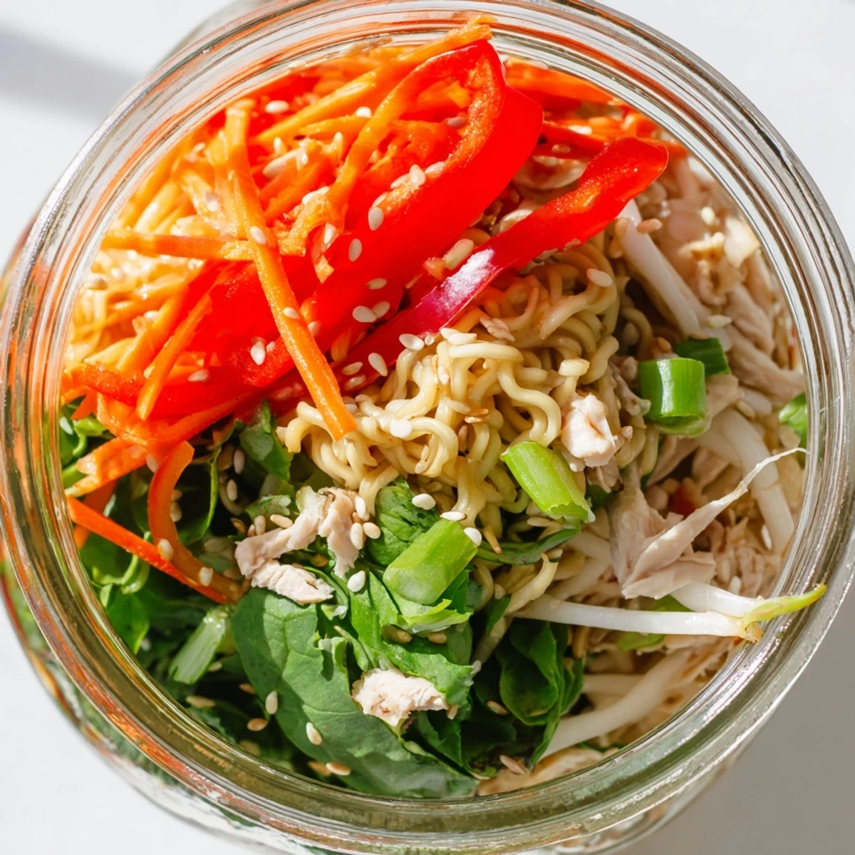 Quick Asian fusion mason jar noodle meal prep with sesame-ginger sauce, crunchy peanuts, and bean sprouts ideal for busy weekday lunches.