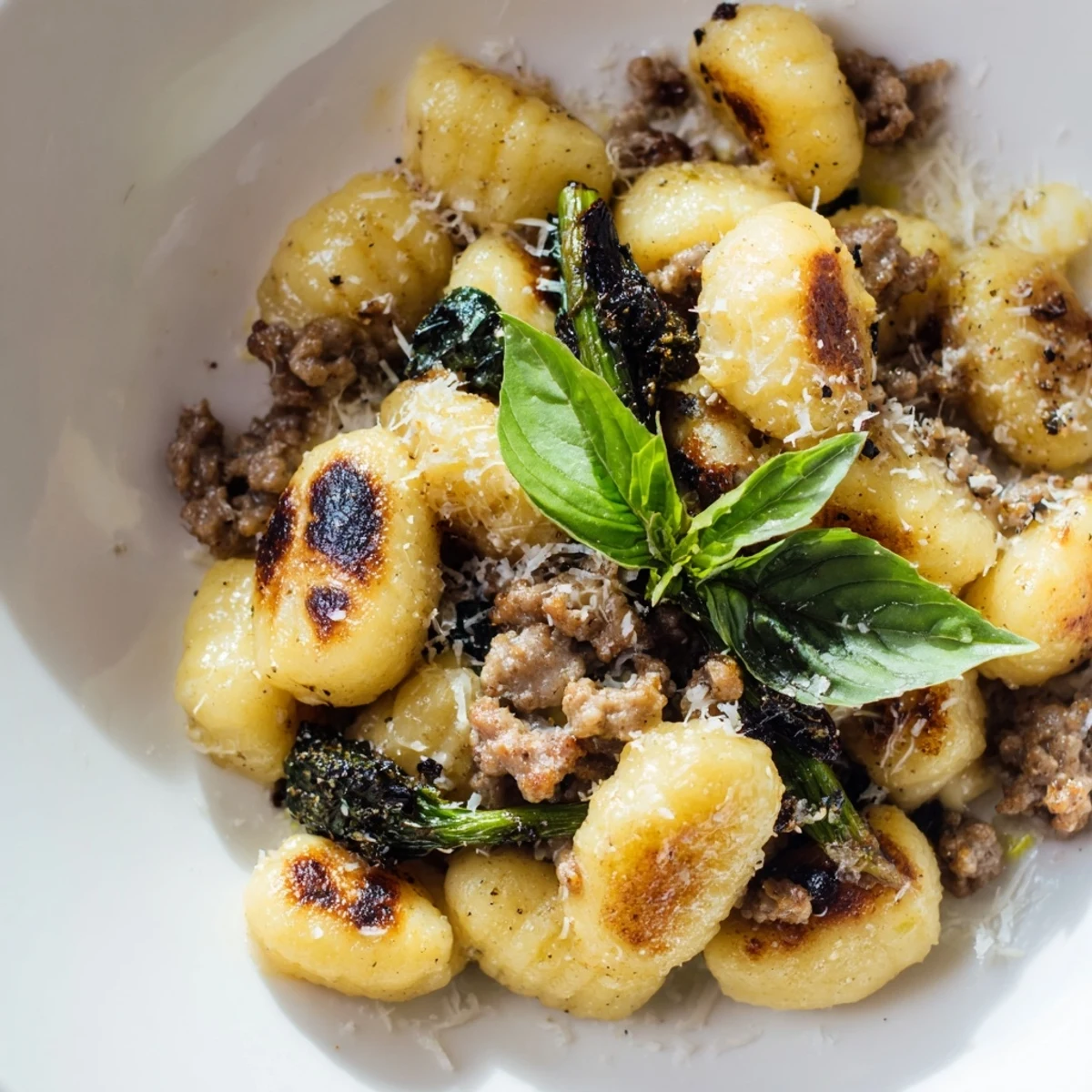 Golden roasted gnocchi with crumbled sausage and crisp broccolini on a sheet pan for a simple weeknight meal.  