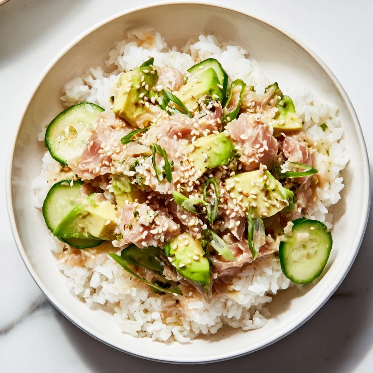 Fragrant Tuna Avocado Rice Bowl served over fluffy jasmine rice, layered with diced avocado, cucumber ribbons, and scallions, drizzled with ginger soy dressing.  