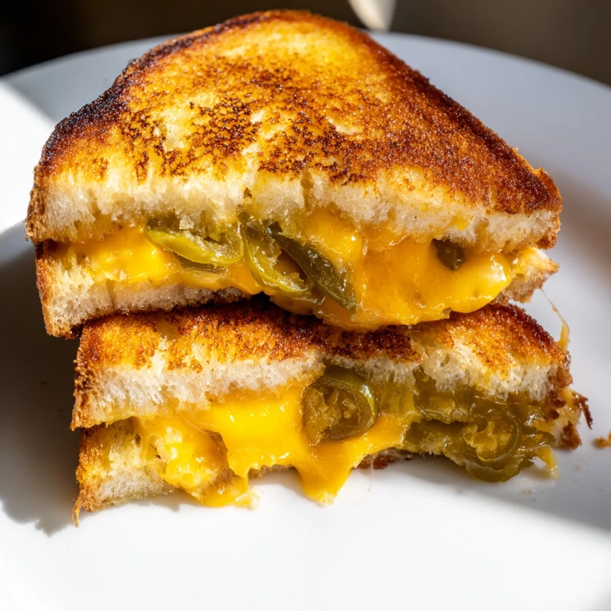 Golden-brown grilled cheese sandwich with melted sharp cheddar and vibrant pickled jalapeños on buttery sourdough.