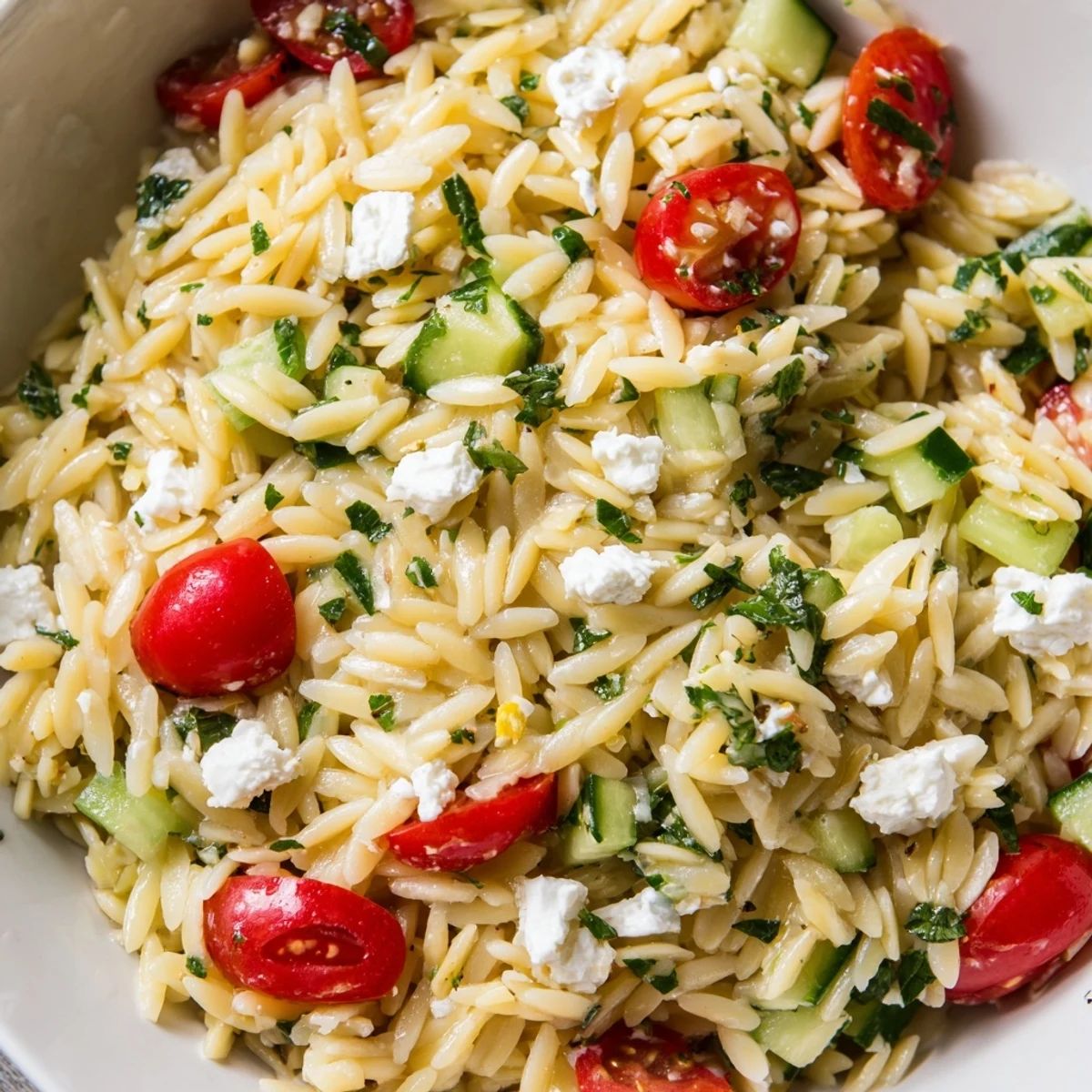 Fork-ready Greek Orzo Salad tossed with parsley, red onion, and zesty lemon-oregano dressing, ideal for a refreshing lunch.  