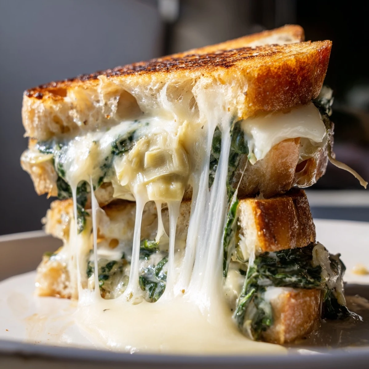A close-up view of spinach artichoke grilled cheese on a rustic plate, paired with a bowl of tomato soup.