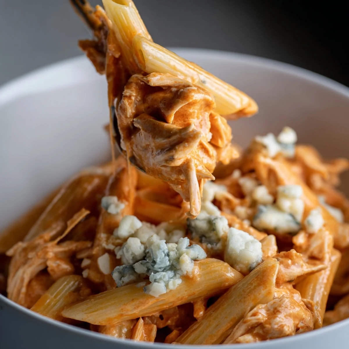 Creamy Buffalo Chicken Pasta with tender shredded chicken, rotini, and spicy buffalo sauce, topped with blue cheese crumbles.  