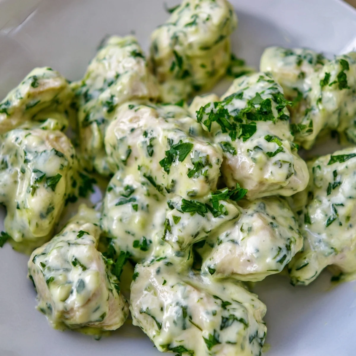 Juicy chicken coated in tangy Green Goddess dressing, arranged on a platter with avocado and mixed salad greens for a protein-packed meal.