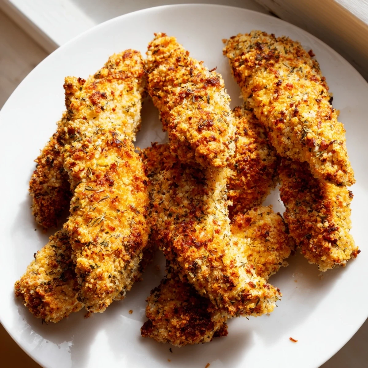 Golden-brown Crispy Panko Chicken Strips fresh from the oven, served with creamy dip and a fresh green salad.