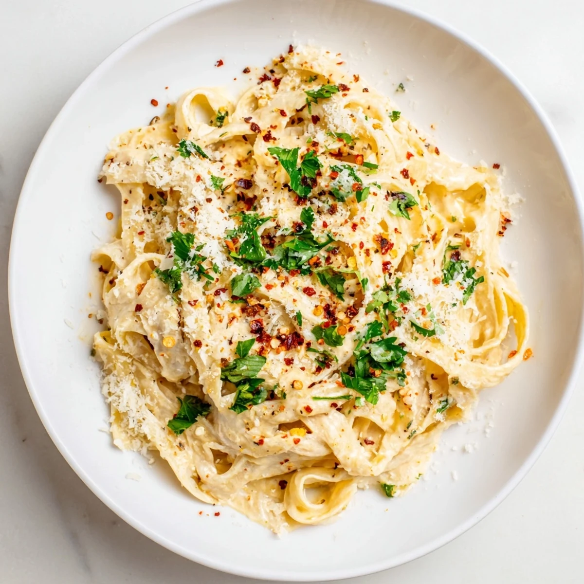 Sriracha honey pasta strands coated in a vibrant orange cream sauce, served steaming hot with red pepper flakes on a rustic plate.