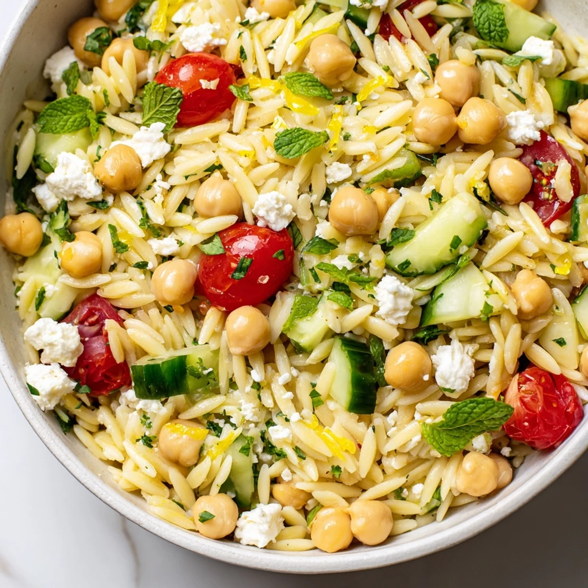 A close-up of Lemony Chickpea Orzo Salad in a white bowl, showcasing tender orzo, chickpeas, diced cucumber, and cherry tomatoes tossed in a bright lemon vinaigrette.  