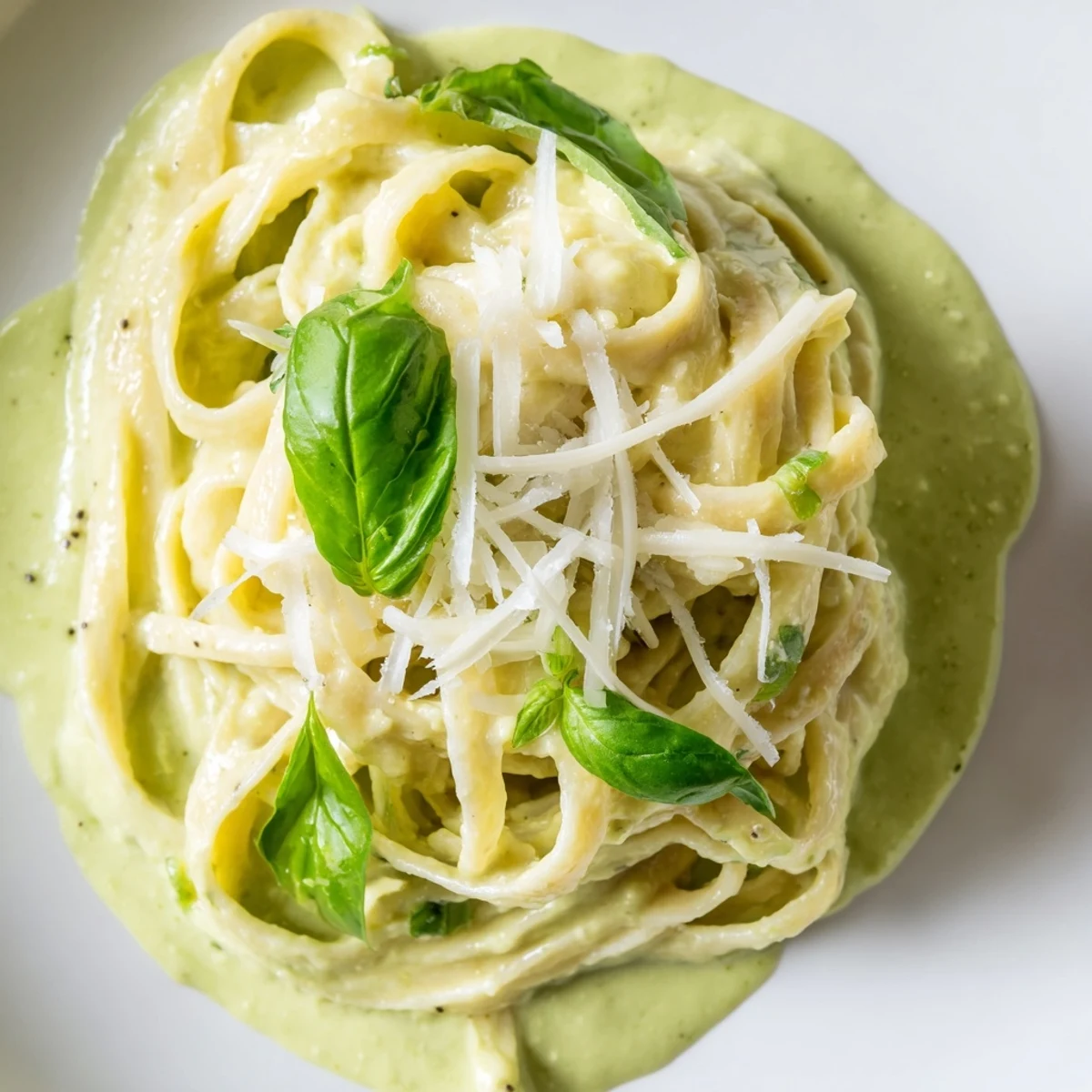 Creamy Green Pea Alfredo pasta twirls on a fork, coated in a vibrant, velvety green sauce garnished with fresh basil leaves.  