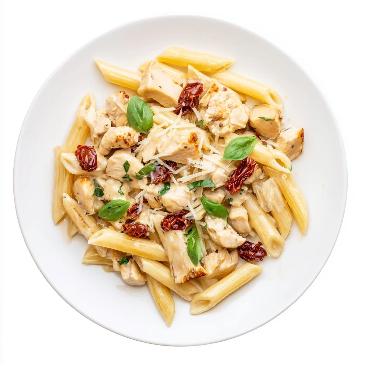 Hearty bowl of Creamy Sun-Dried Tomato Chicken Pasta featuring al dente penne, savory chicken, and sun-dried tomatoes in a velvety Parmesan sauce.