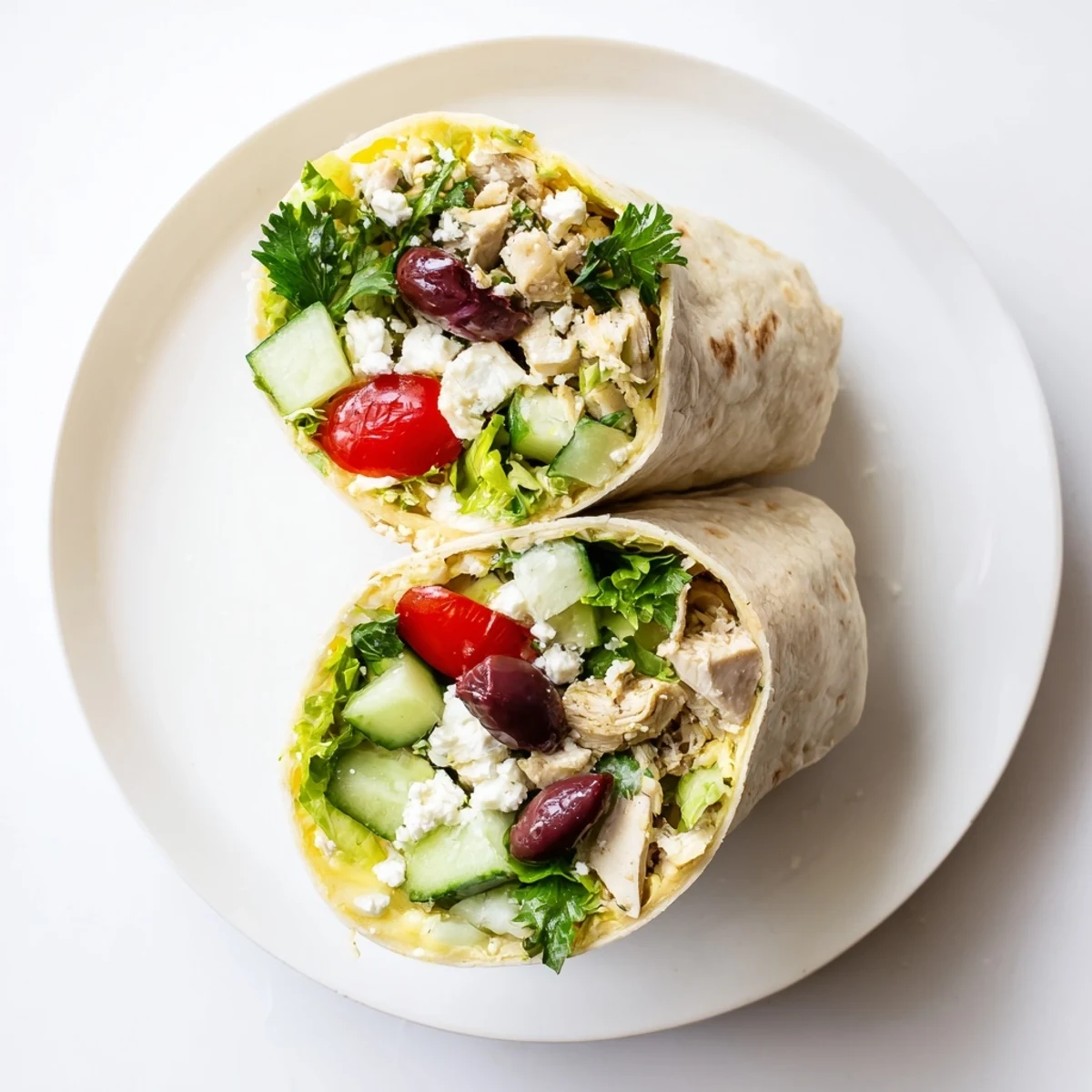 This vibrant Greek Lemon Chicken Salad Wrap is filled with crisp romaine, Kalamata olives, and fresh parsley, perfect for a quick Mediterranean lunch.  