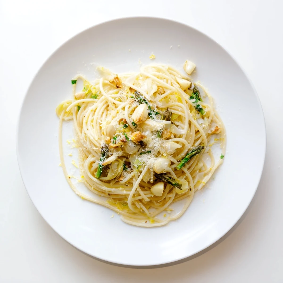 A plate of Roasted Garlic & Asparagus Pasta with al dente spaghetti, tender green asparagus, and mashed roasted garlic in olive oil. 