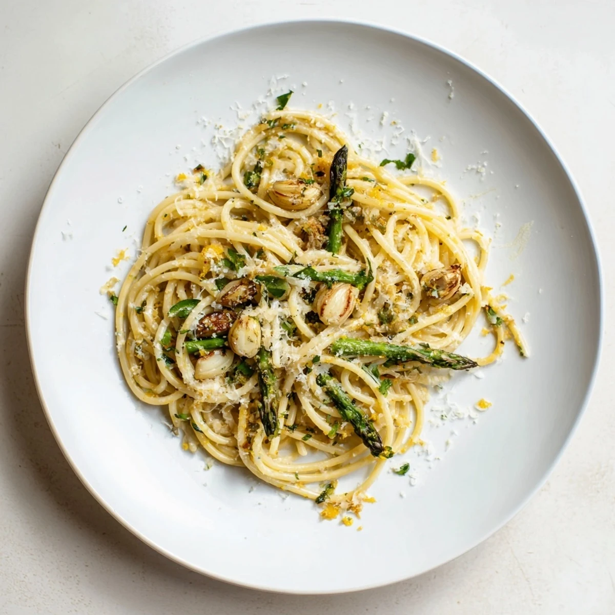 Tender asparagus and golden roasted garlic cloves tossed in Roasted Garlic & Asparagus Pasta, finished with fresh parsley and lemon zest.