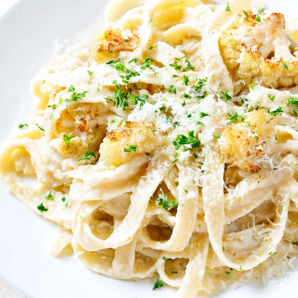 Roasted Cauliflower Alfredo features golden, caramelized florets and a creamy sauce tossed with fettuccine and topped with fresh parsley.  