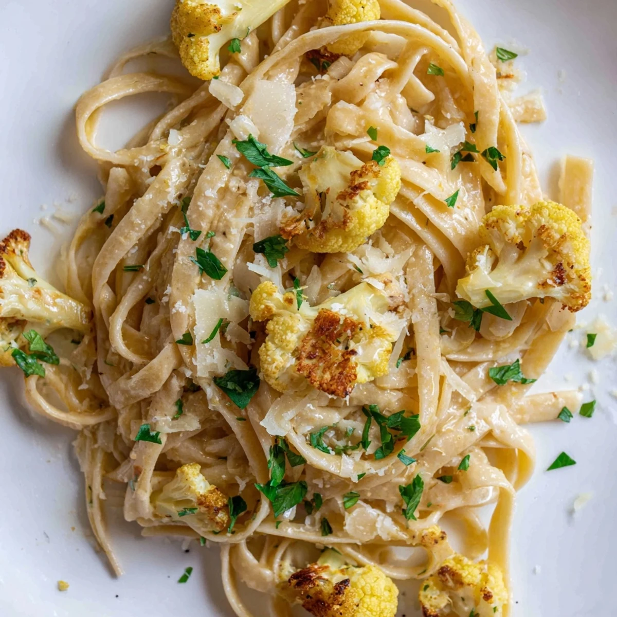 Savory Roasted Cauliflower Alfredo served in a warm bowl, garnished with fresh parsley and extra Parmesan for a perfect weeknight meal.